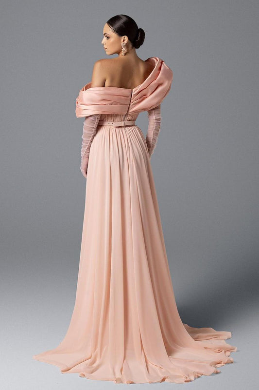 Shining Blush Pink Chiffon Long Sleeves One Shoulder Prom Dress with Belt