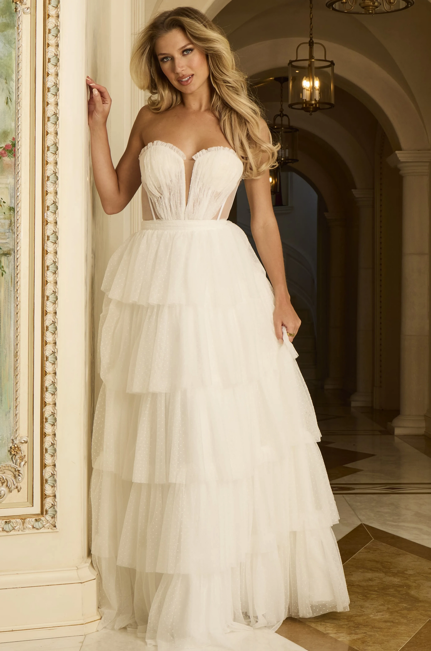 White Sleeveless Strapless Deep V-Neck A-Line Prom Dress