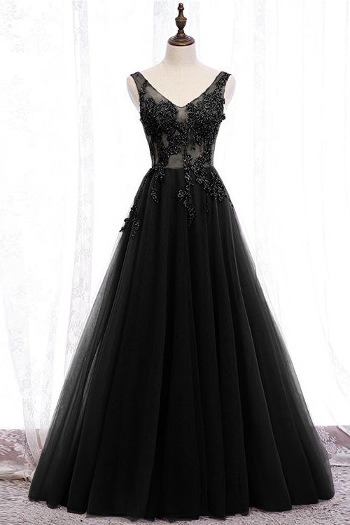 Purple Applique Long A-line Prom Dress With V-Neck Open Back
