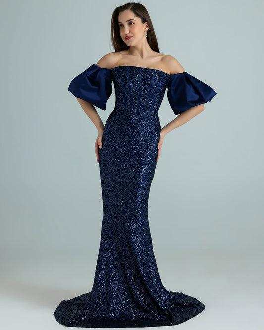 Puff Sleeves Strapless Square Beads Mermaid Prom Dress
