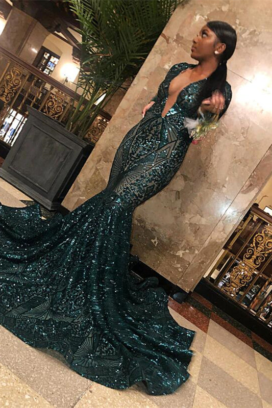 Emerald Long Sleeves V-Neck Sequins Lace Prom Dress Mermaid