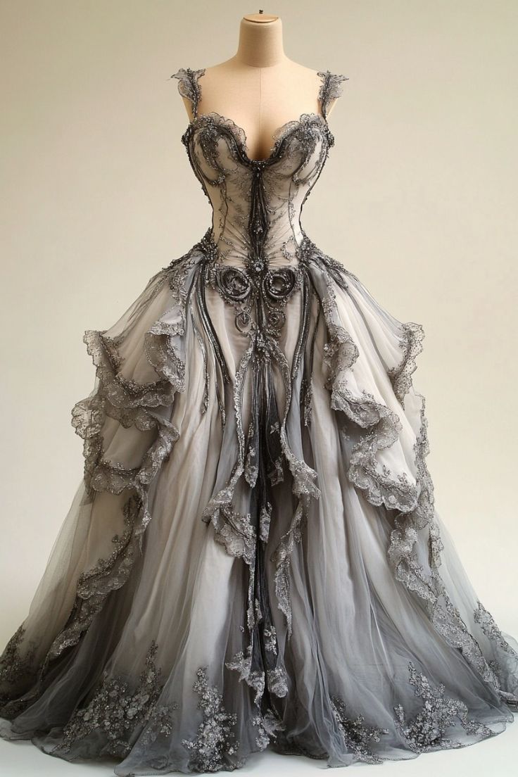 Grey V-neck Lace Tulle Long Ball Gown, Vintage Formal Dress ED01232