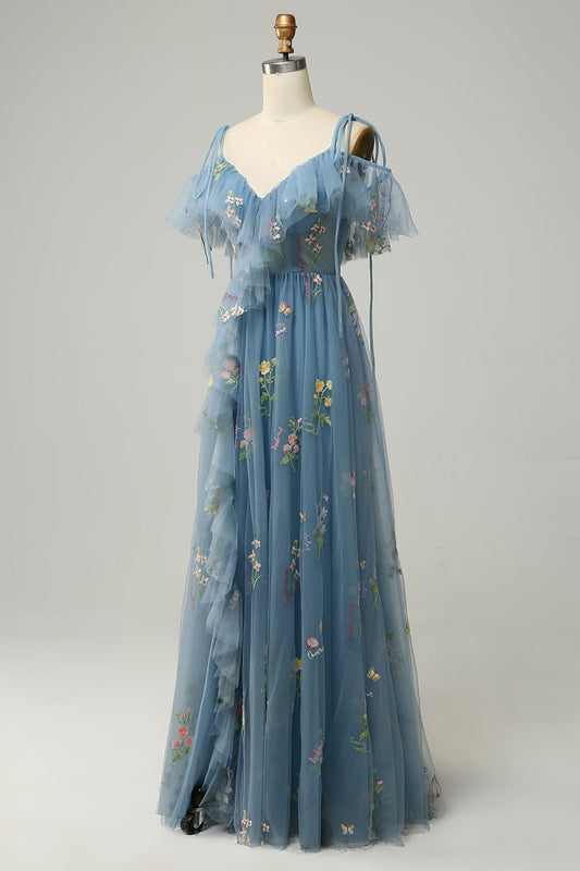 Tulle A-Line V-Neck Off-Shoulder Floral Prom Party Dress