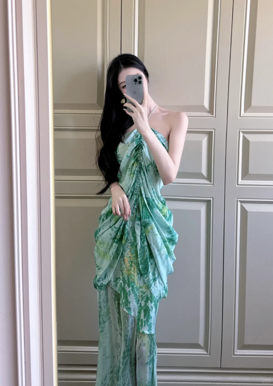 Green Sheath Halter Print Floral Chiffon Vacation Dresses Outfits SH5050