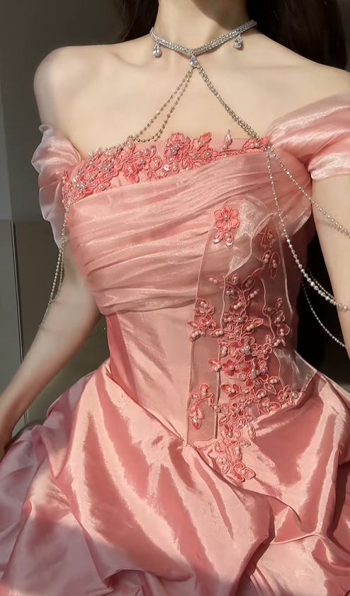 Pink Rose Ball Gown Off the Shoulder Layered Organza Satin Prom Dress Party Dress SH5024