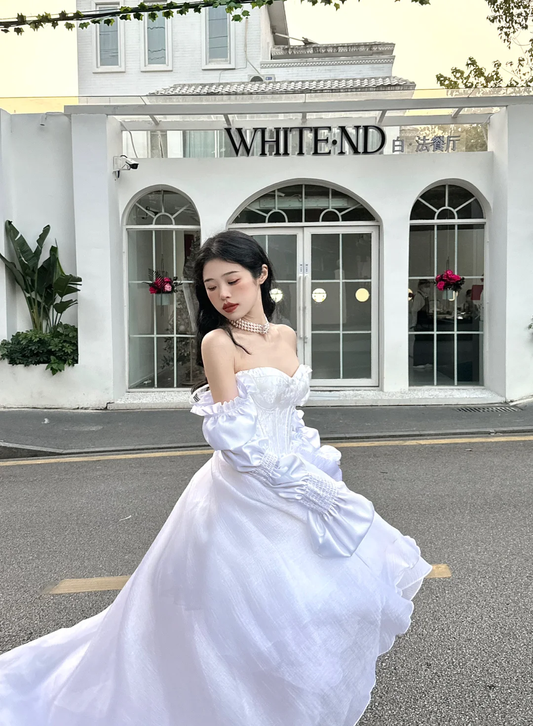 Princess White A Line Long Sleeve Chiffon Satin Long Sweep Party Dress Evening Dress SH3406