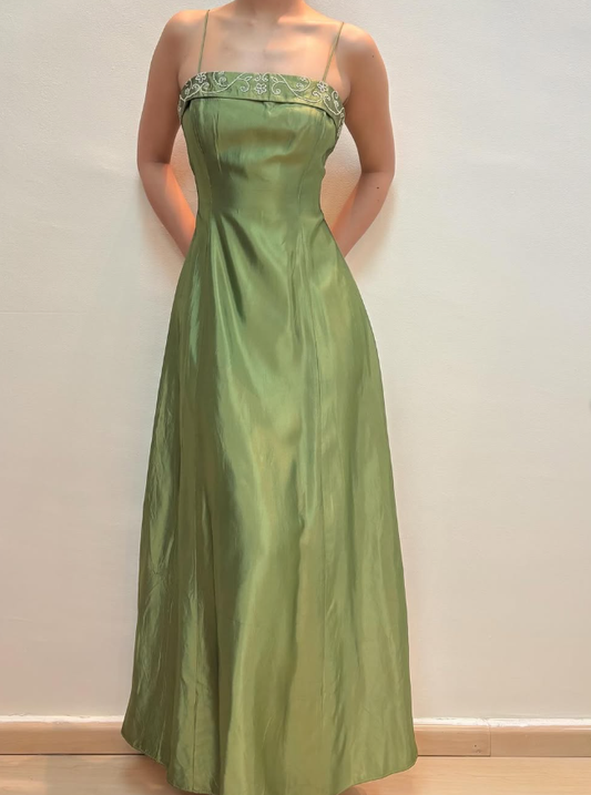 Vintage A Line Spaghetti Strap Beaded Green Satin Prom Dress Evening Dress SH2143
