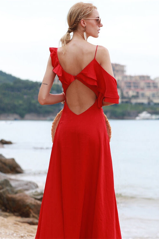 Asymmetric Red Chiffon Maxi Dress