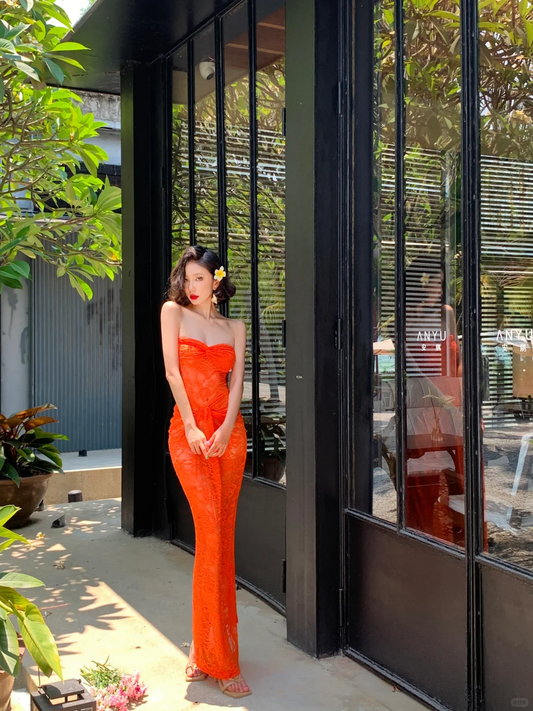 Orange Sheath Sweetheart Neck Sexy Lace Long Prom Dress Vacation Dress SH4313
