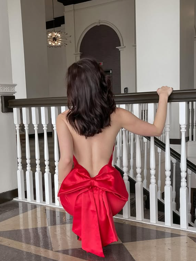 Sexy Red Open Back Bow Sheath Halter Satin Prom Dress Evening Dress SH4873
