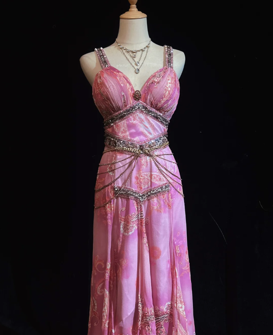 Glamorous Pink Spaghetti Straps Chiffon Floral Beaded Mermaid Evening Dress Long Party Dress SP1816