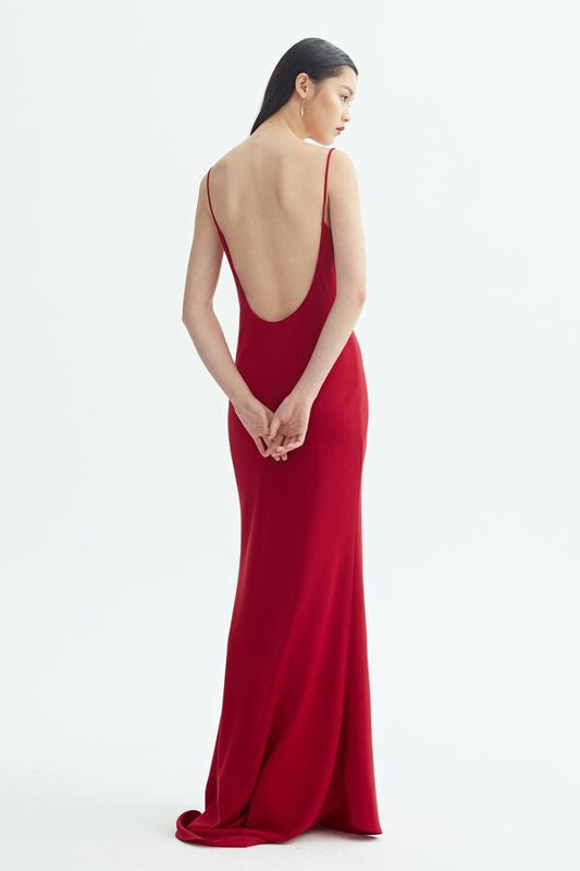 Red Spaghetti Straps Open Back Satin Party Prom Dress