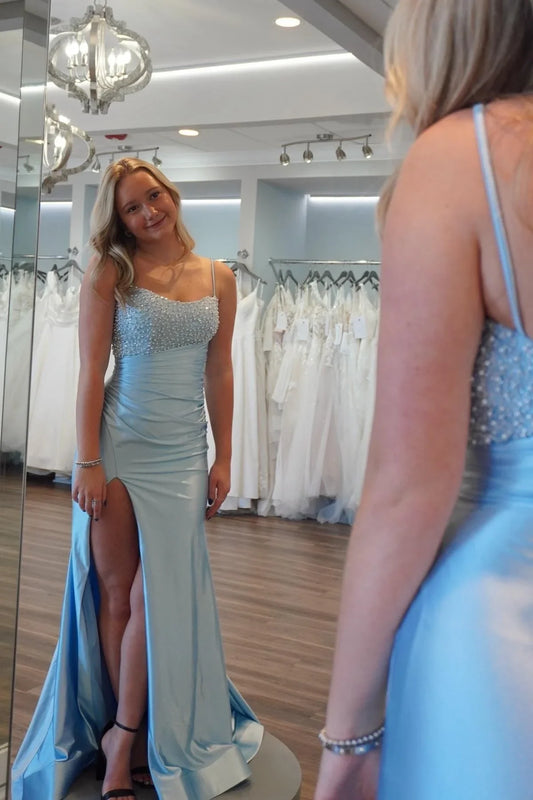 Bateau Beaded Ruched Empire Mermaid Party Prom Dress