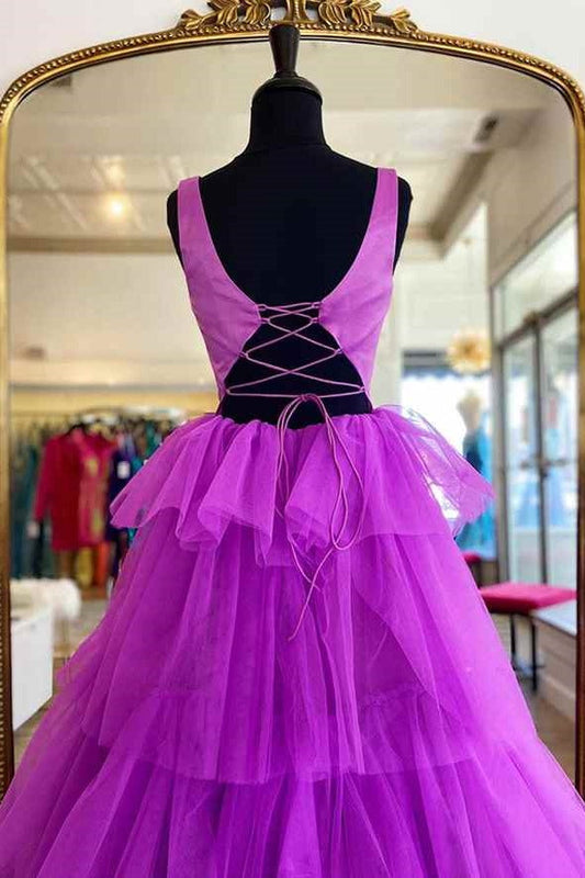 Bateau Sleeveless A-Line Two Tone Tiered Prom Dress