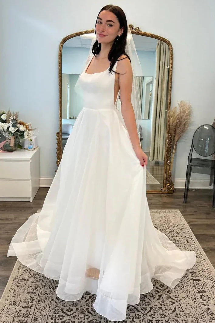 Bateau Sleeveless Backless A-Line Wedding Dress With Train