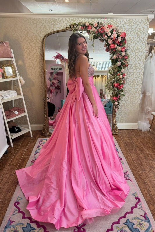 Bateau Spaghetti Straps Satin A-Line Beaded Prom Dress With Bowknot