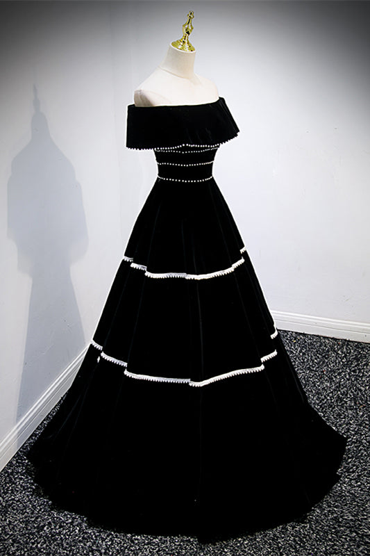 Black Off-Shoulder Empire A-Line Velvet Prom Party Dress