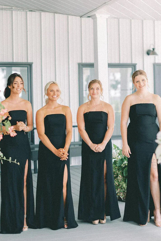 Black Satin Strapless A-Line Bridesmaid Dress With Slit
