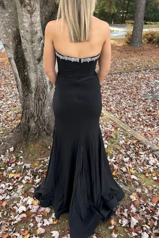Black Satin Strapless Beaded Mermaid Party Prom Dress