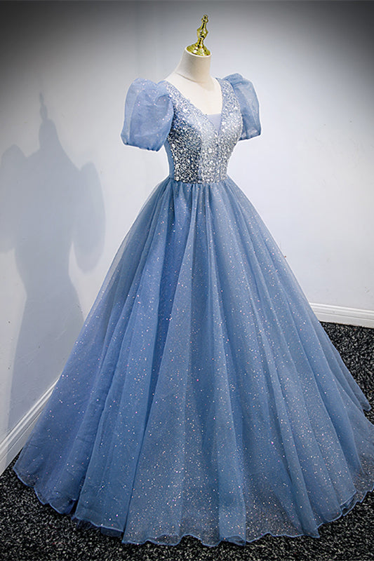 V-Neck Short Sleeves Tulle A-Line Beaded Sparkly Prom Dress