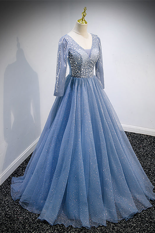 Sparkly Tulle A-Line 3/4 Sleeves Empire Long Party Prom Dress