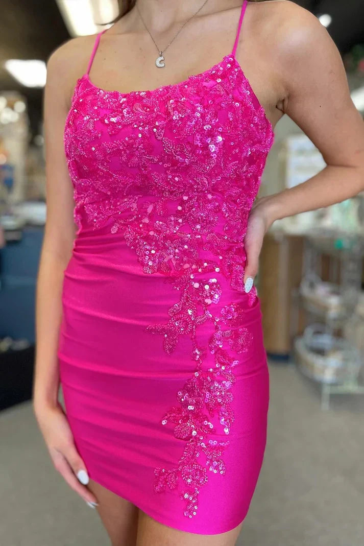 Bodycon Satin Lace Appliques Lace Up Homecoming Dress
