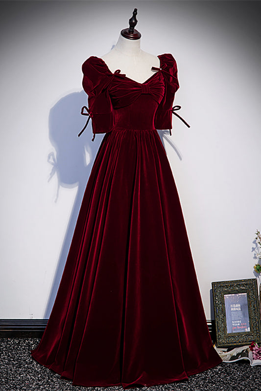 V-Neck Sleeves Velvet A-Line Empire Burgundy Prom Dress