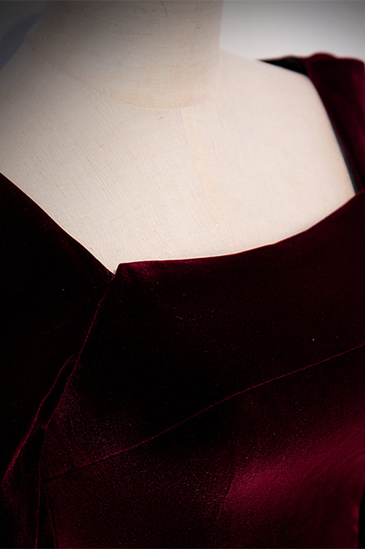 Burgundy Square Neck Long Sleeves Velvet Long Formal Dress