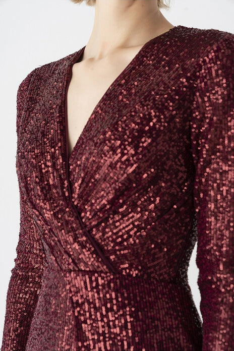 Sparkly V-Neck Long Sleeves Fully Sequin Party Prom Dress
