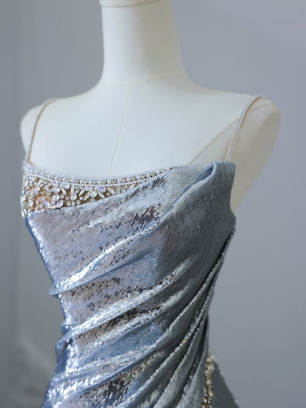 Sexy Mermaid Spaghetti Straps Silver Sequin Long Prom Dresses S3808