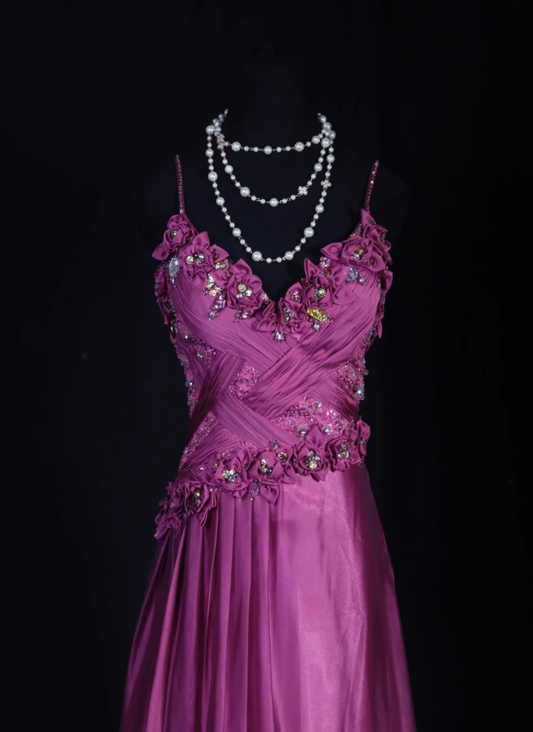 Glamorous Spaghetti Straps Satin Floral Beaded Mermaid Long Birthday Prom Dress Evening Dress D2257
