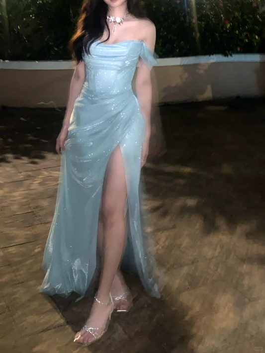 Baby Blue A Line Off the Shoulder Sequin Satin Long Prom Dress Graduation Prom Dress SH2452