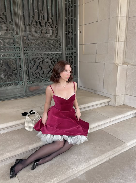 Burgundy A Line Spaghetti Strap Simple Velvet Short Homecoming Dress Outfits SH4863