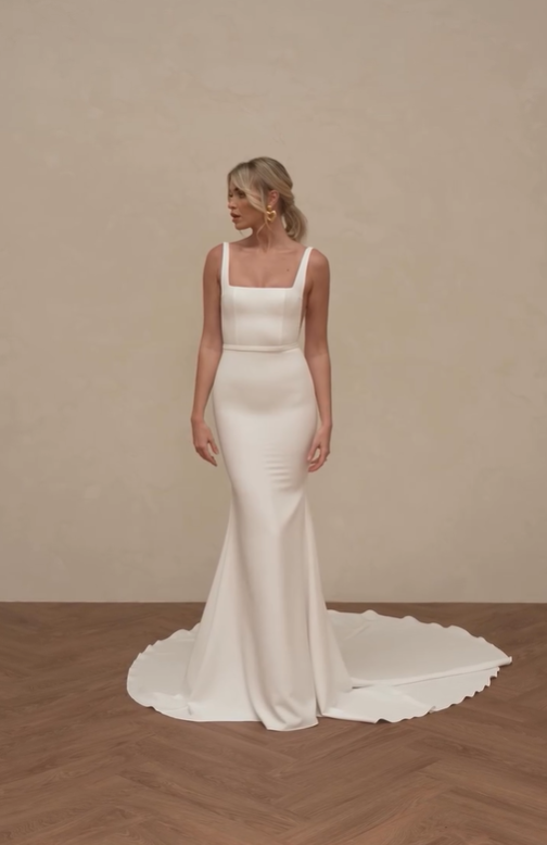 Mermaid Spaghetti Strap White Satin Long Sweep Wedding Dress Prom Dress SH4126