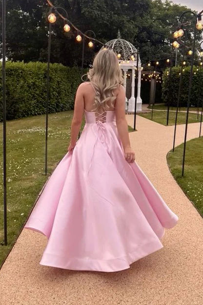 Casual Satin A-Line V-Neck Sleeveless Lace Up Party Prom Dress