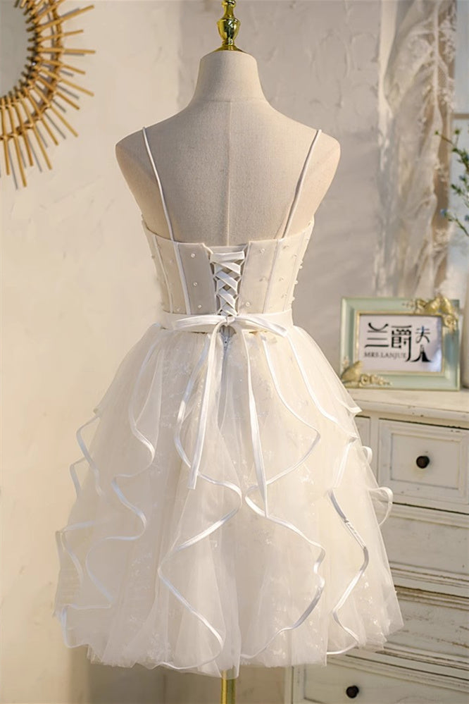 Champagne Spaghetti Straps Beading Tulle Princess Homecoming Dresses