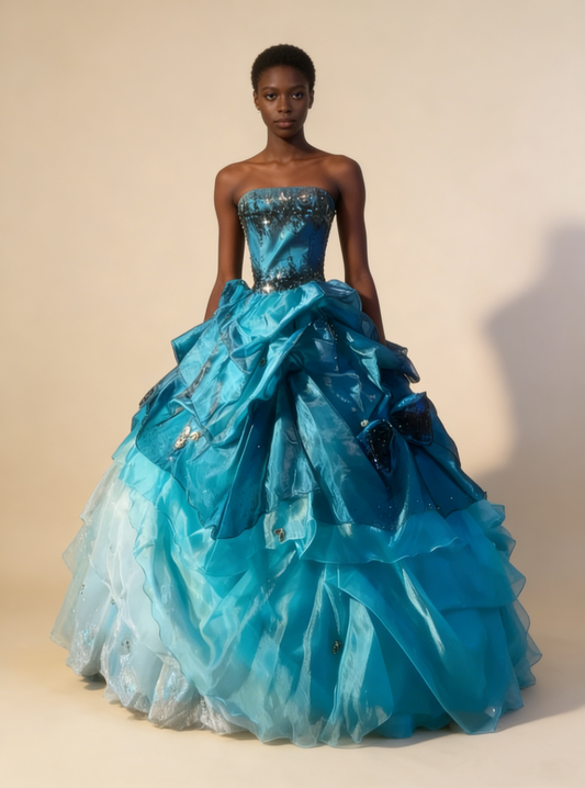 Charming Prom Dress Strapless Pleated Ruffle Ball Gown Evening Dress Birthday Outfits D3767