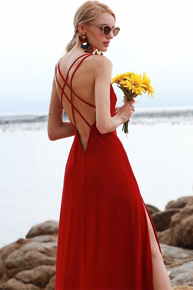 Cross Back Red Chiffon Maxi Dress