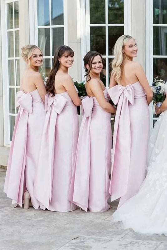 Cute Satin Strapless Pink Bridesmaid Dress With Bow