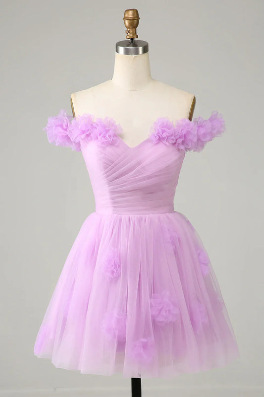 Cute Tulle A-Line Off-Shoulder Floral Embossed Homecoming Dress