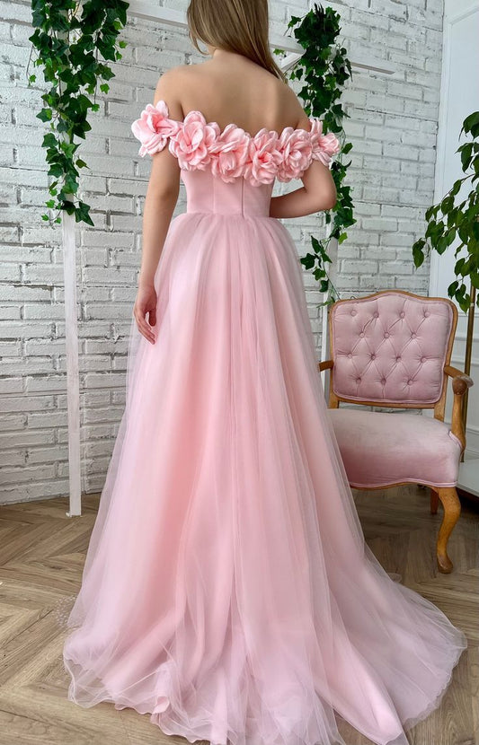 Floral A-Line Tulle Off The Shoulder Long Evening Prom Dress With Slit ED01457