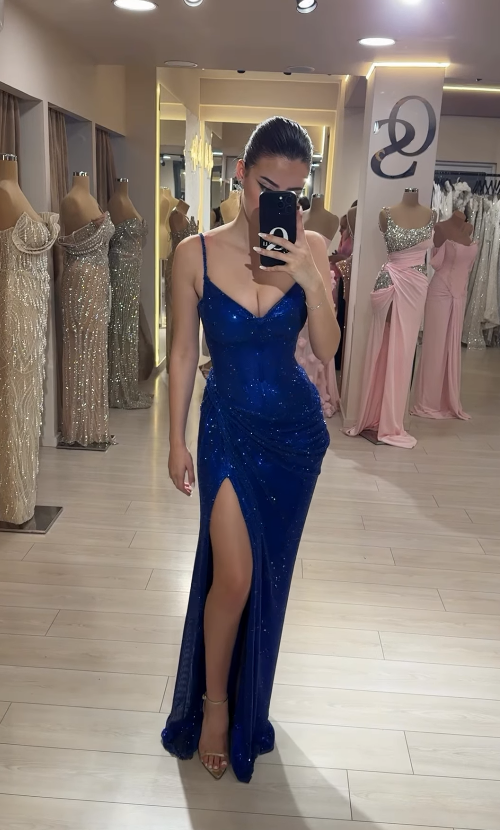 Shiny Sheath V Neck Blue Sequin Long Evening Dress Prom Dress with Slit SH4826