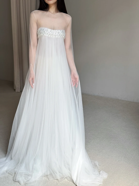 White A Line Long Sleeve Beaded Flowy Tulle Prom Dress Evening Dress SH4277