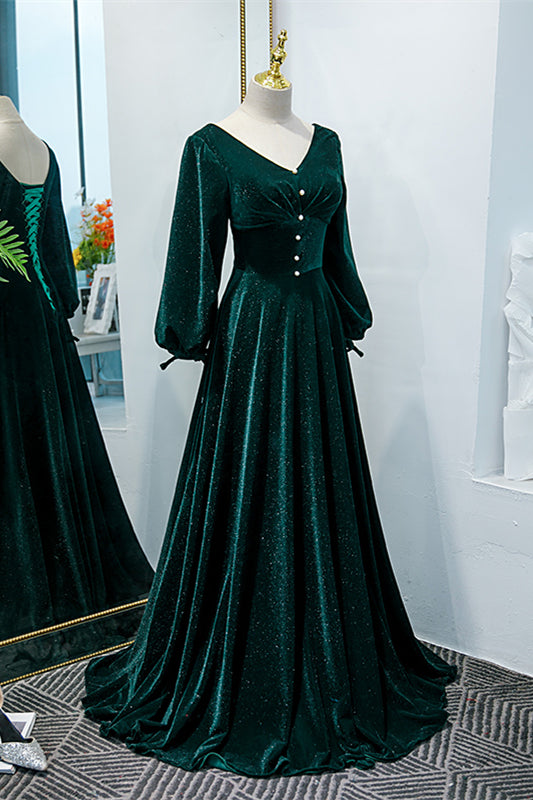 V-Neck Long Sleeves A-Line Velvet Party Prom Dress