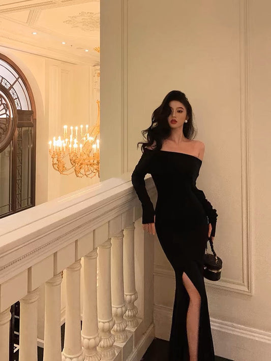 Sexy Sheath Off The Shoulder Black Slit Long Sleeves Prom Dresses Birthday Outfits SD405