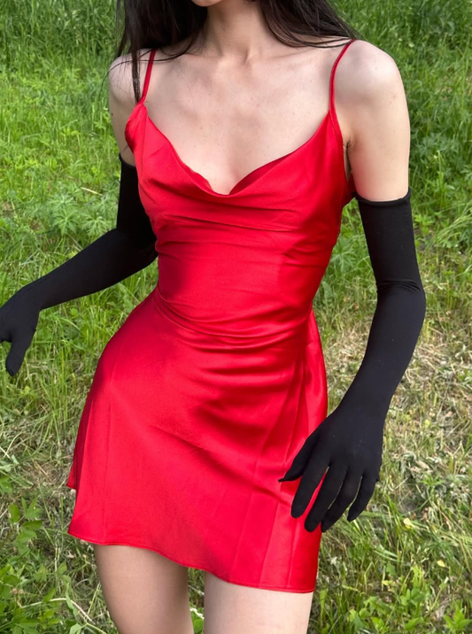 Stunning A Line Spaghetti Strap Red Satin Mini Homecoming Dress Cocktail Dress SH3955