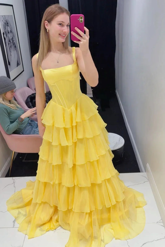 Square Sleeveless Two Tone Empire A-Line Party Prom Dress With Slit