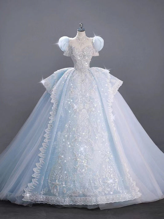 Romantic Bridal Gown Ball Gown High Neck Blue Lace Long Wedding Dresses Minimalist Bridal Gowns DH107