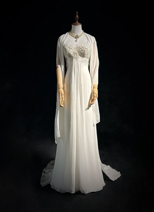 Unique Bridal Dress A line Spaghetti Straps White 90s Chiffon Wedding Dresses Vintage Bride Dress Bridal Gowns DH1262