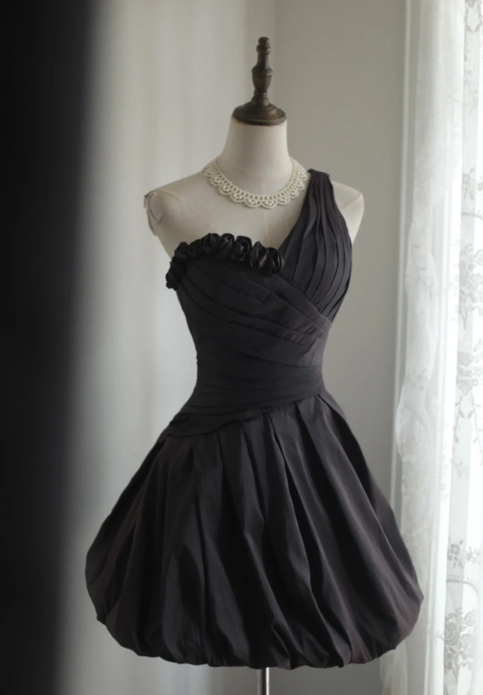 Retro Ball Gown One Shoulder Black Taffeta Mini Short Formal 8th Grade Homecoming Dresses Summer Middle School Hoco Dress 16th Birthday Outfits DH1308